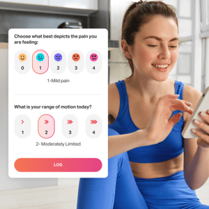 Woman taking pain survey on phone.